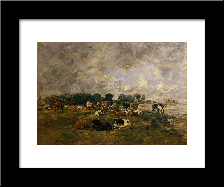 Cows In The Fields 20x24 Black Modern Wood Framed Art Print Poster by Boudin, Eugene