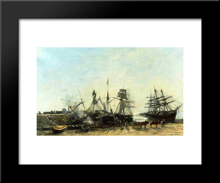 The Port Portrieux At Low Tide Unloading Fish 20x24 Black Modern Wood Framed Art Print Poster by Boudin, Eugene