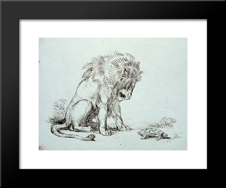 Lion And Tortoise 20x24 Black Modern Wood Framed Art Print Poster by Delacroix, Eugene
