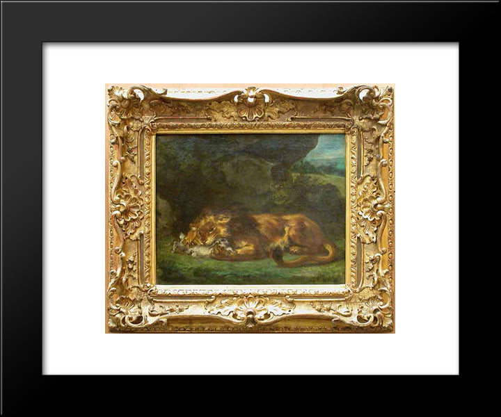 Lion Devouring A Rabbit 20x24 Black Modern Wood Framed Art Print Poster by Delacroix, Eugene