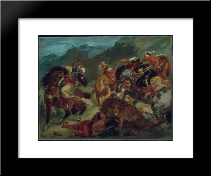 Lion Hunt 20x24 Black Modern Wood Framed Art Print Poster by Delacroix, Eugene