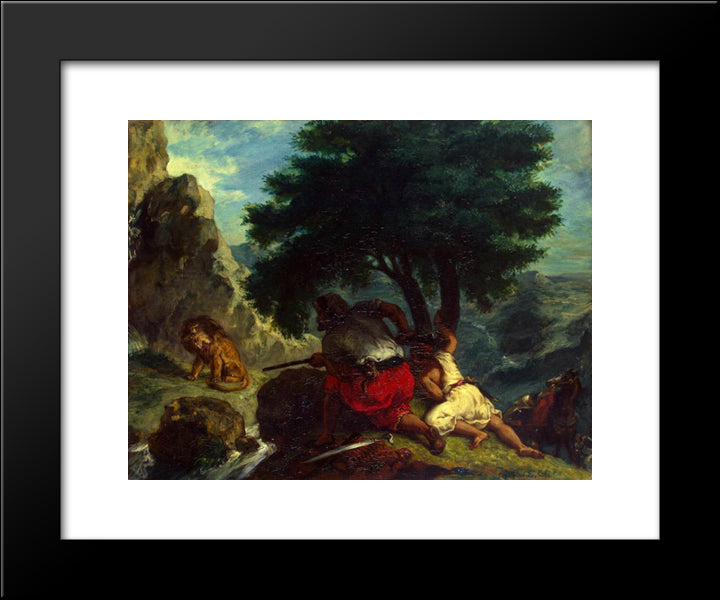 Lion Hunt In Morocco 20x24 Black Modern Wood Framed Art Print Poster by Delacroix, Eugene