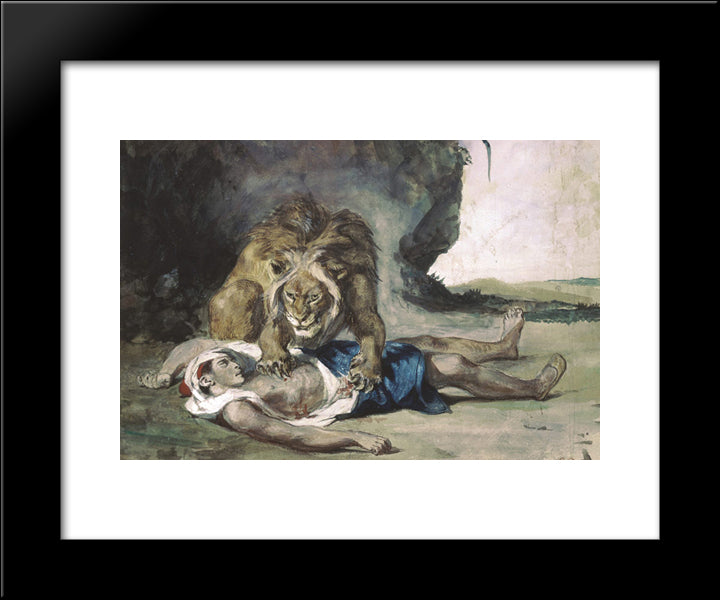 Lion Rending Apart A Corpse 20x24 Black Modern Wood Framed Art Print Poster by Delacroix, Eugene