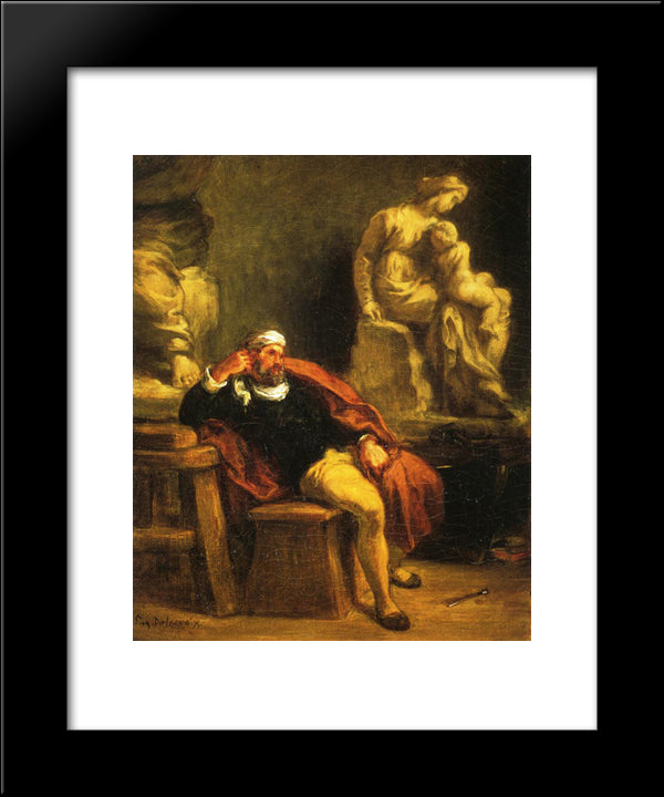 Michelangelo In His Studio 20x24 Black Modern Wood Framed Art Print Poster by Delacroix, Eugene