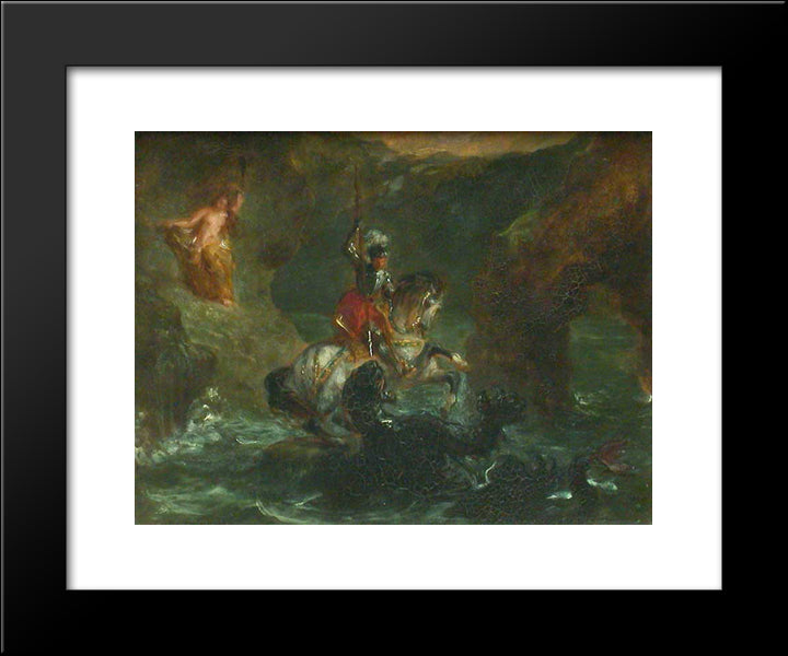 Saint George Fighting The Dragon, Perseus Delivering Andromeda 20x24 Black Modern Wood Framed Art Print Poster by Delacroix, Eugene