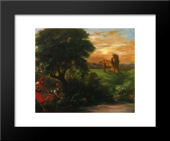 The Lion Hunt 20x24 Black Modern Wood Framed Art Print Poster by Delacroix, Eugene