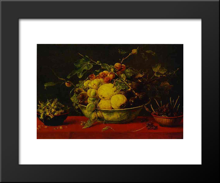 Fruits In A Bowl On A Red Tablecloth 20x24 Black Modern Wood Framed Art Print Poster by Snyders, Frans
