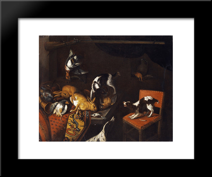 Still Life With Dead Hares And Birds, Armchair, Hounds, Hunting Gun 20x24 Black Modern Wood Framed Art Print Poster by Snyders, Frans