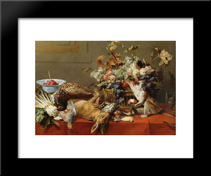 Still Life With Fruit, Dead Game, Vegetables, A Live Monkey, Squirrel And Cat 20x24 Black Modern Wood Framed Art Print Poster by Snyders, Frans