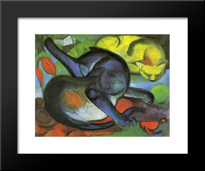 Two Cats, Blue And Yellow 20x24 Black Modern Wood Framed Art Print Poster by Marc, Franz