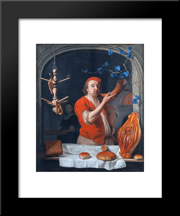 A Baker Blowing His Horn 20x24 Black Modern Wood Framed Art Print Poster by Metsu, Gabriel