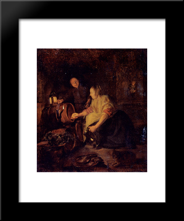 A Woman Drawing Wine From A Barrel 20x24 Black Modern Wood Framed Art Print Poster by Metsu, Gabriel