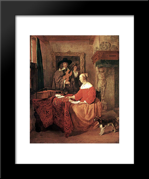 A Woman Seated At A Table And A Man Tuning A Violin 20x24 Black Modern Wood Framed Art Print Poster by Metsu, Gabriel