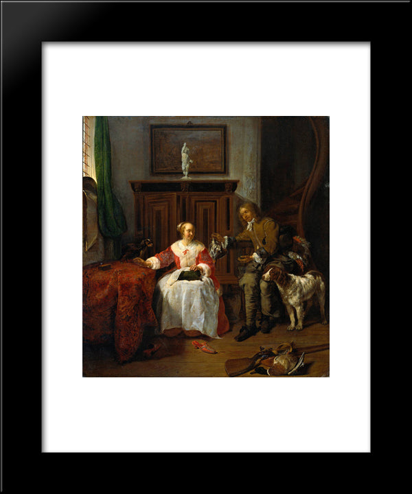 The Hunter'S Present 20x24 Black Modern Wood Framed Art Print Poster by Metsu, Gabriel