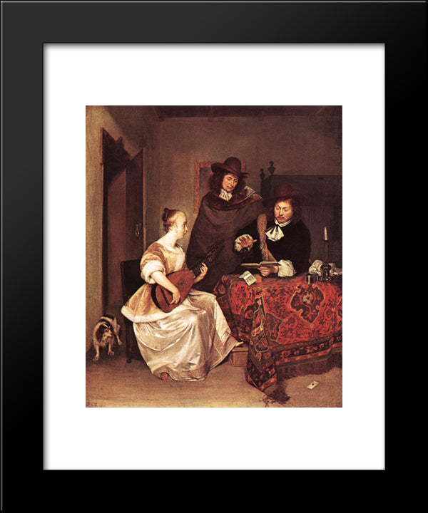 A Young Woman Playing A Theorbo To Two Men 20x24 Black Modern Wood Framed Art Print Poster by Terborch, Gerard