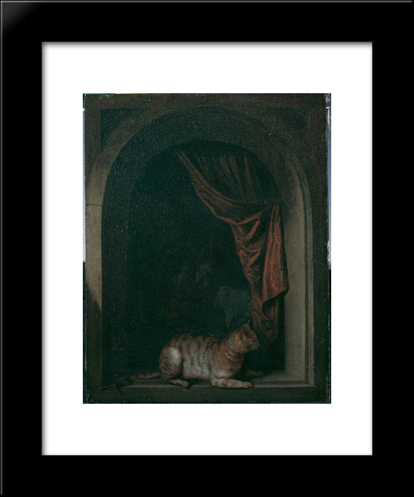 A Cat At The Window Of A Painters' Studios 20x24 Black Modern Wood Framed Art Print Poster by Gerrit, Dou