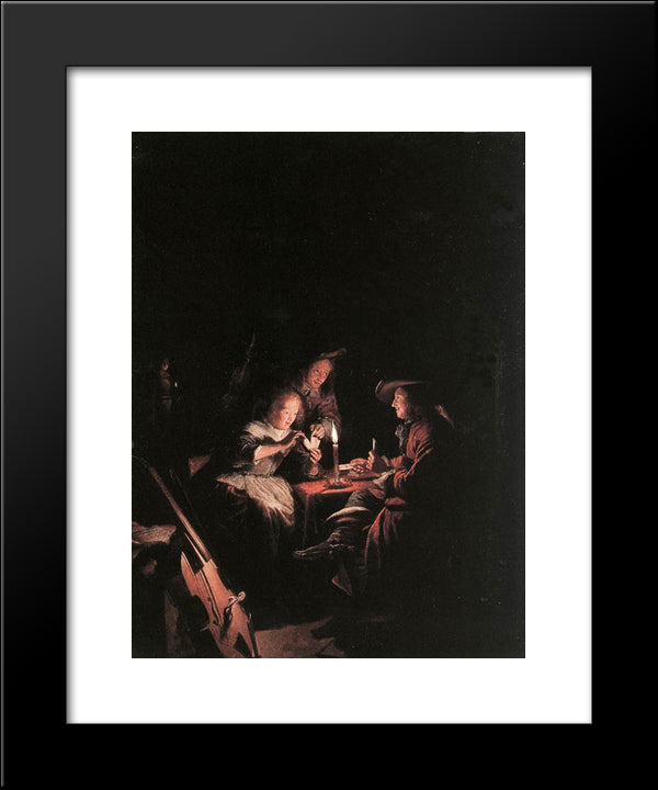 Cardplayers At Candlelight 20x24 Black Modern Wood Framed Art Print Poster by Gerrit, Dou