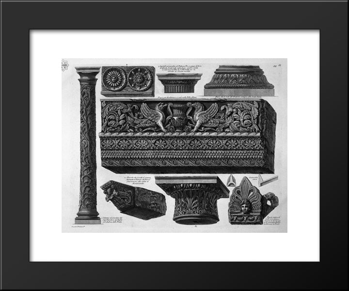 A Frieze With Architrave, Column, Two Capitals, A Bed, A Shelf And Two Terracotta 20x24 Black Modern Wood Framed Art Print Poster by Piranesi, Giovanni Battista