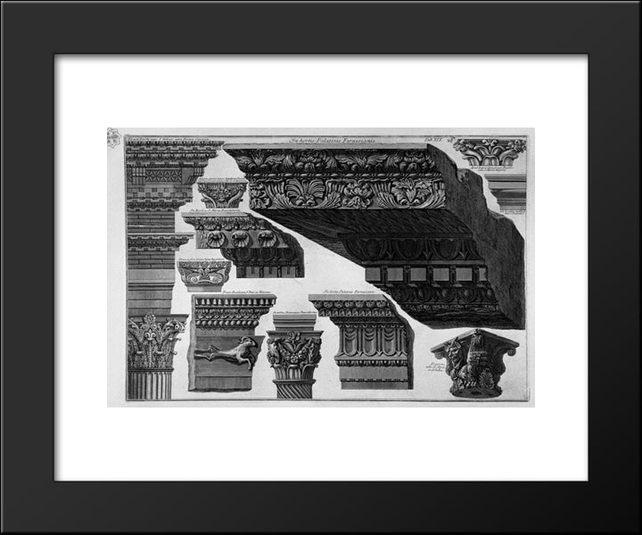 Capitals, Friezes, Cornices (Farnese Gardens, Santa Maria In Trastevere, Etc.) 20x24 Black Modern Wood Framed Art Print Poster by Piranesi, Giovanni Battista