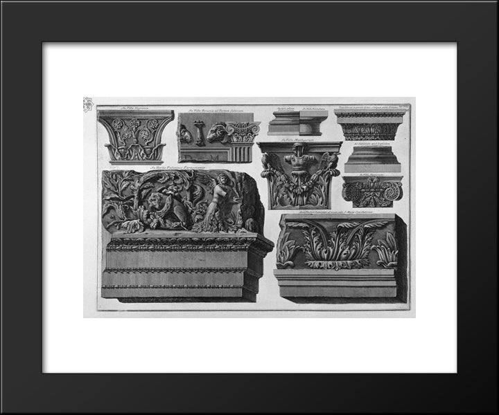 Capitals And Friezes (Farnese Gardens, Roman Villas) 20x24 Black Modern Wood Framed Art Print Poster by Piranesi, Giovanni Battista