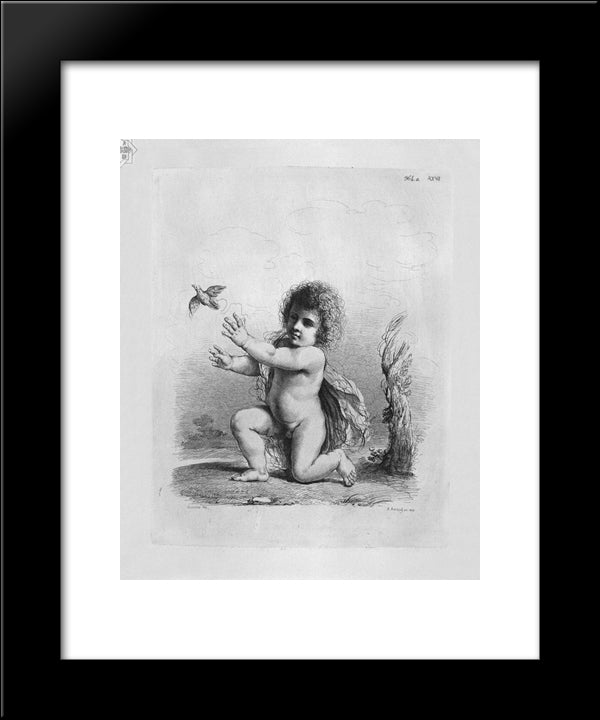Cherub Kneeling Releasing A Bird By Guercino 20x24 Black Modern Wood Framed Art Print Poster by Piranesi, Giovanni Battista