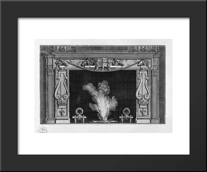 Fireplace With Two Large Lire On The Sides, And Four Rams` Heads In The Frieze 20x24 Black Modern Wood Framed Art Print Poster by Piranesi, Giovanni Battista