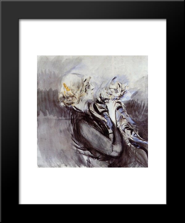 A Lady With A Cat 20x24 Black Modern Wood Framed Art Print Poster by Boldini, Giovanni