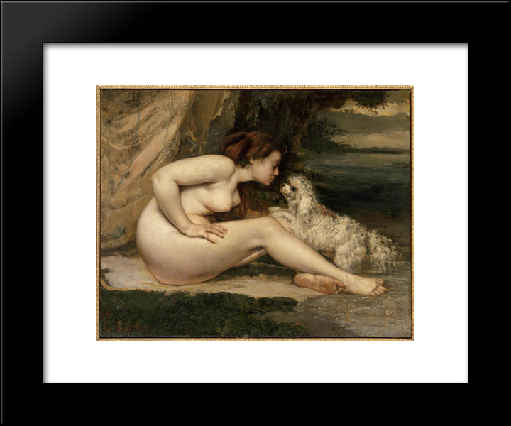 Female Nude With A Dog (Portrait Of Leotine Renaude) 20x24 Black Modern Wood Framed Art Print Poster by Courbet, Gustave