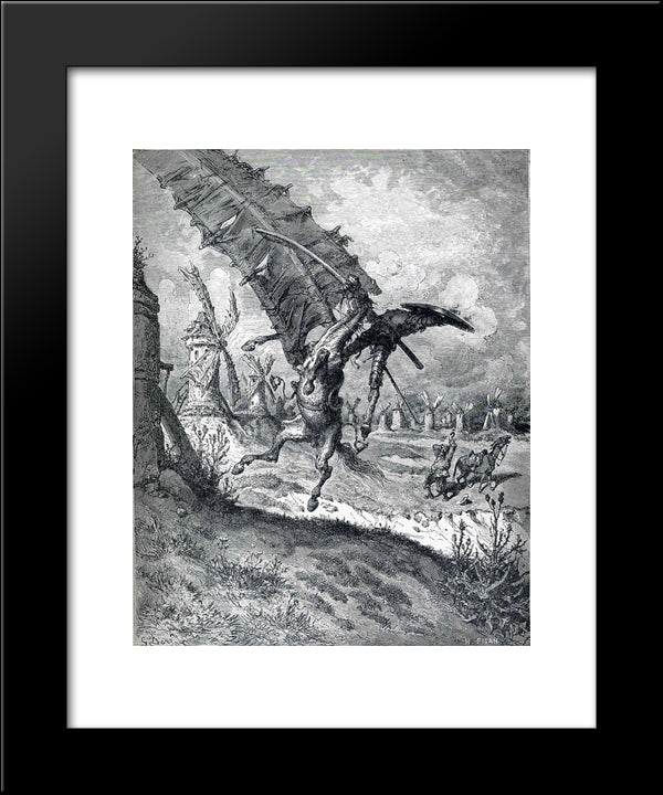 The Adventure With The Windmills 20x24 Black Modern Wood Framed Art Print Poster by Dore, Gustave