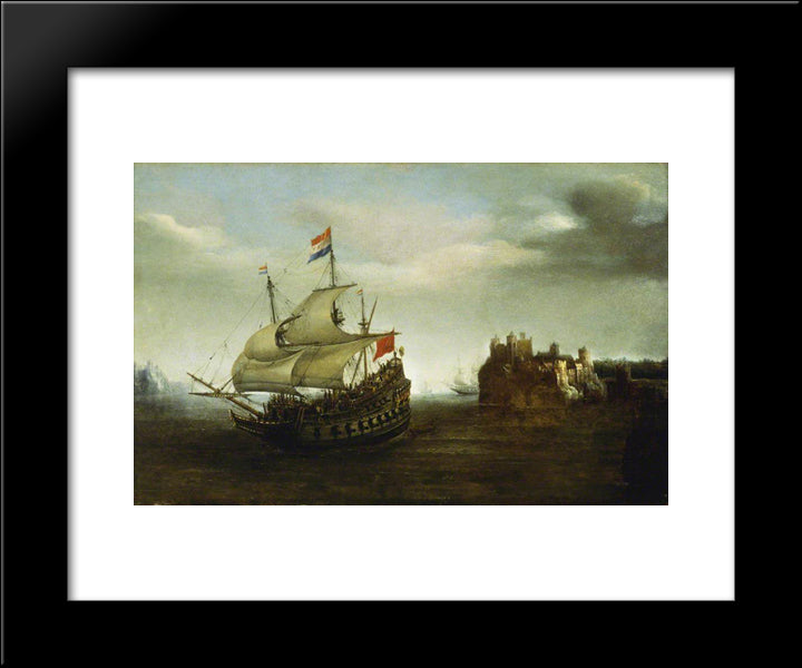 A Castle With A Ship Sailing Nearby 20x24 Black Modern Wood Framed Art Print Poster by Vroom, Hendrick Cornelisz