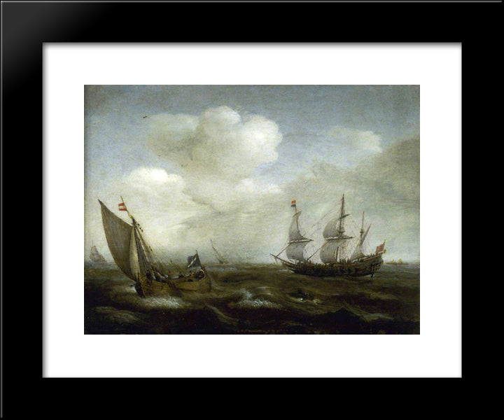 A Dutch Ship And A Kaag In A Fresh Breeze 20x24 Black Modern Wood Framed Art Print Poster by Vroom, Hendrick Cornelisz