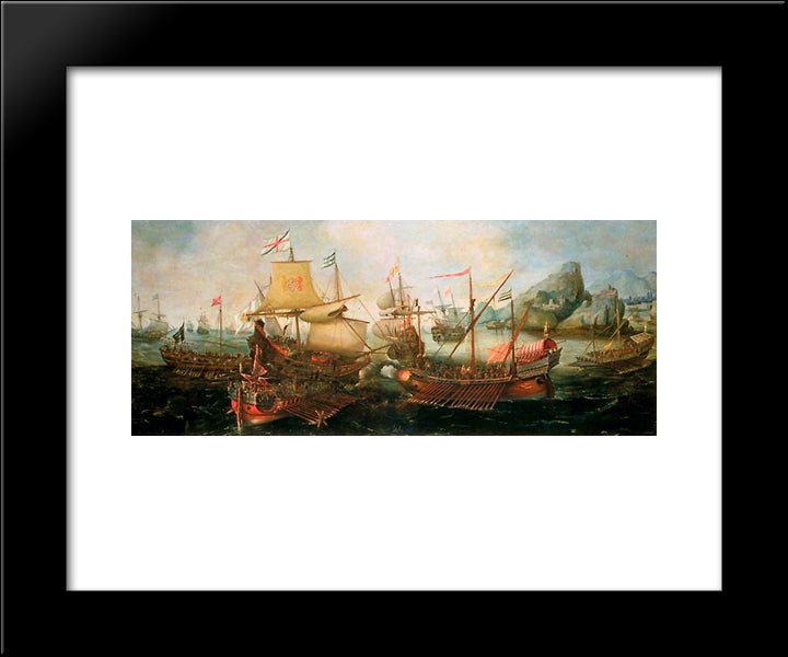 Attack On Spanish Treasure Galleys, Portugal 20x24 Black Modern Wood Framed Art Print Poster by Vroom, Hendrick Cornelisz