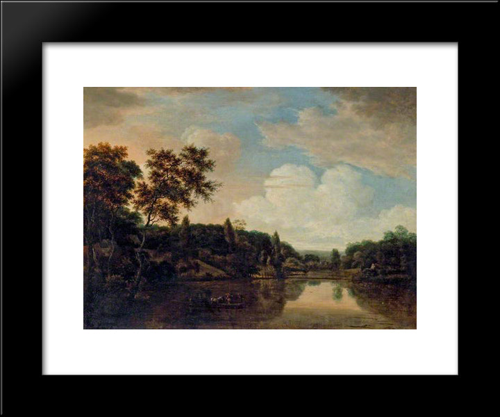 Ferry Boat On A River, Trees On A Hill To The Left 20x24 Black Modern Wood Framed Art Print Poster by Vroom, Hendrick Cornelisz