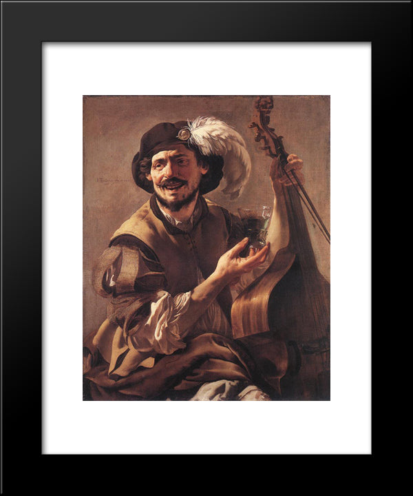 A Laughing Bravo With A Bass Viol And A Glass 20x24 Black Modern Wood Framed Art Print Poster by Terbrugghen, Hendrick