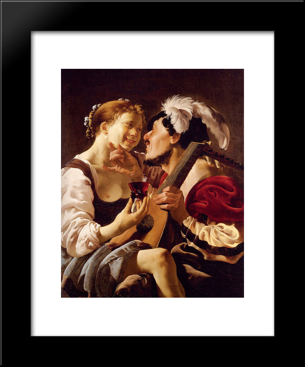 A Luteplayer Carousing With A Young Woman Holding A Roemer 20x24 Black Modern Wood Framed Art Print Poster by Terbrugghen, Hendrick