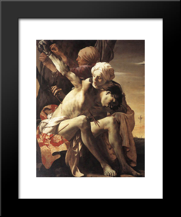 St. Sebastian Tended By Irene And Her Maid 20x24 Black Modern Wood Framed Art Print Poster by Terbrugghen, Hendrick