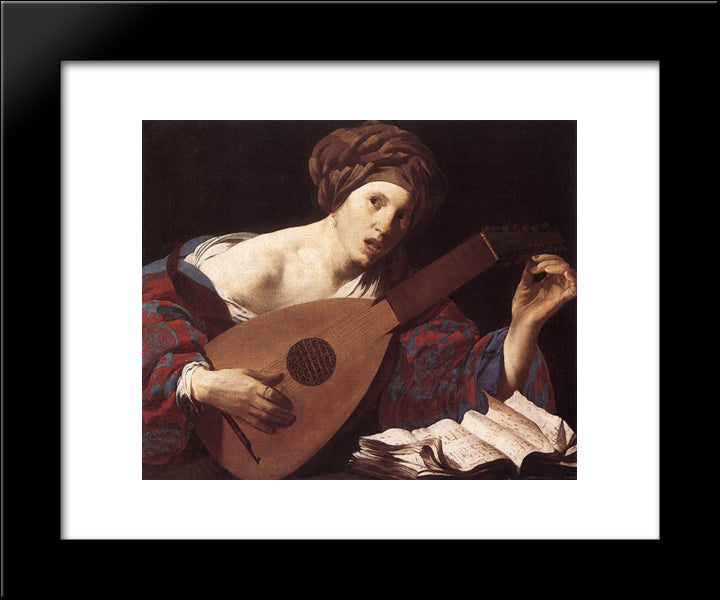 Woman Playing The Lute 20x24 Black Modern Wood Framed Art Print Poster by Terbrugghen, Hendrick