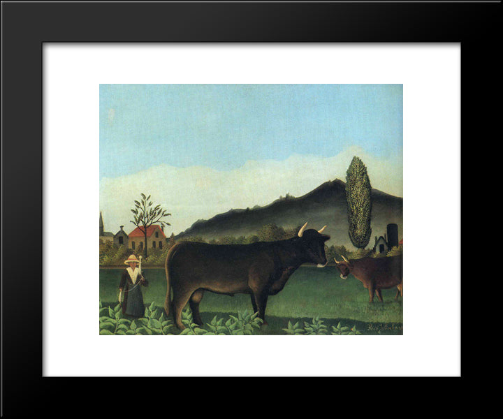 (Landscape With Cow) 20x24 Black Modern Wood Framed Art Print Poster by Rousseau, Henri