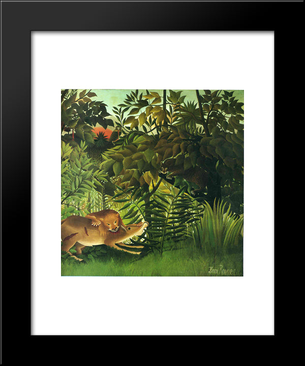 A Lion Devouring Its Prey 20x24 Black Modern Wood Framed Art Print Poster by Rousseau, Henri