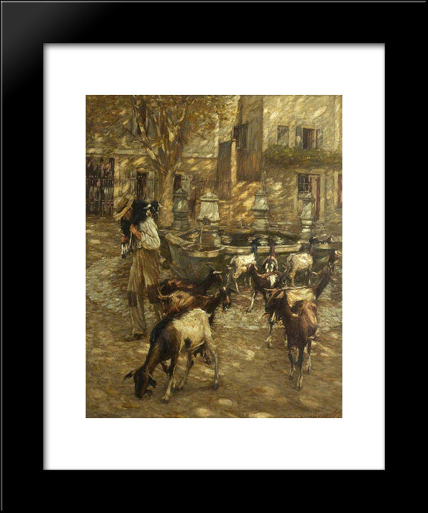 Goats At A Fountain 20x24 Black Modern Wood Framed Art Print Poster by La Thangue, Henry Herbert