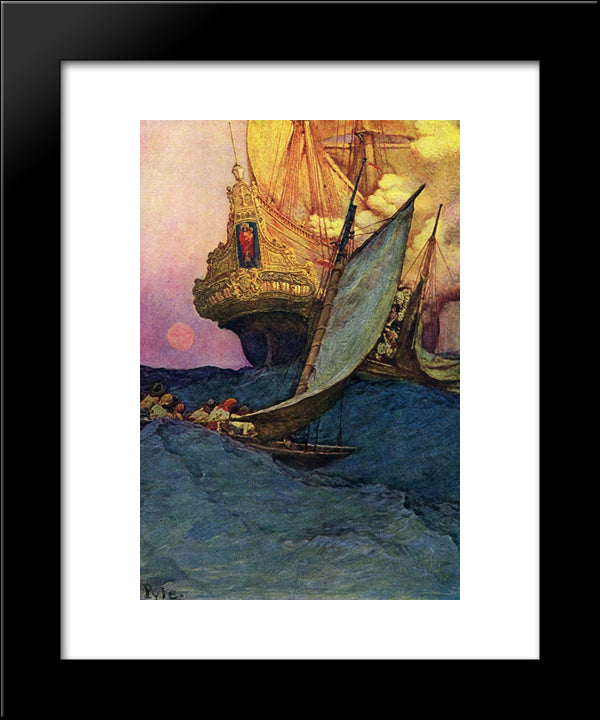 An Attack On A Galleon 20x24 Black Modern Wood Framed Art Print Poster by Pyle, Howard