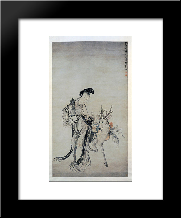 Ma-Gu Holding A Vase, With A Deer 20x24 Black Modern Wood Framed Art Print Poster by Shen, Huang