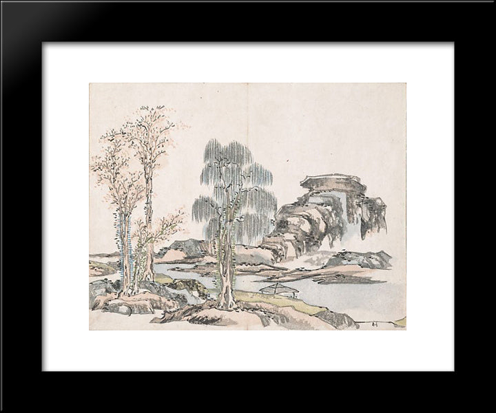 Untitled (Mountains And Three Trees) 20x24 Black Modern Wood Framed Art Print Poster by no Taiga, Ike