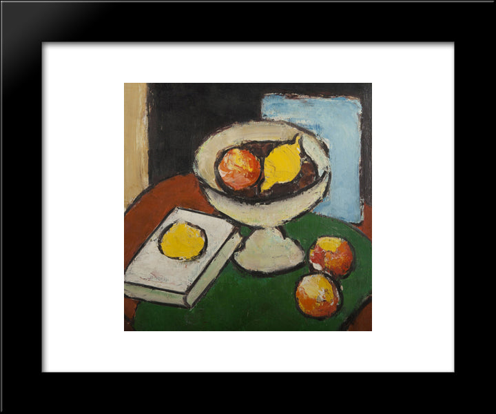 Still Life With Fruit Stand, Book And Fruit 20x24 Black Modern Wood Framed Art Print Poster by Pacea, Ion