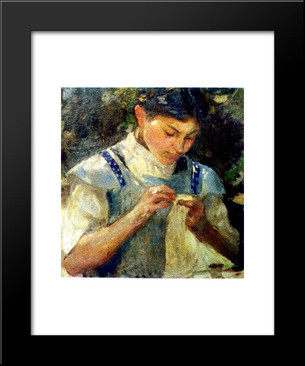 Girl Sewing 20x24 Black Modern Wood Framed Art Print Poster by Strambu, Ipolit