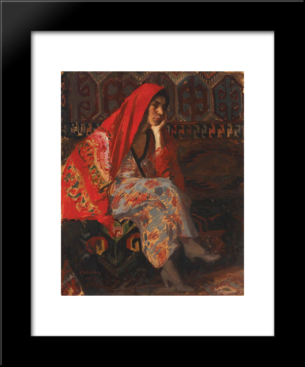 The Red Headscarf 20x24 Black Modern Wood Framed Art Print Poster by Strambu, Ipolit