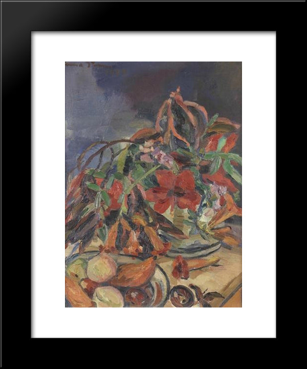 Still Life With Hibiscus, Angel'S Trumpets And Fruits 20x24 Black Modern Wood Framed Art Print Poster by Stern, Irma
