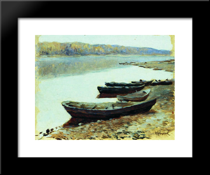 Landscape On Volga. Boats By The Riverbank. 20x24 Black Modern Wood Framed Art Print Poster by Levitan, Isaac