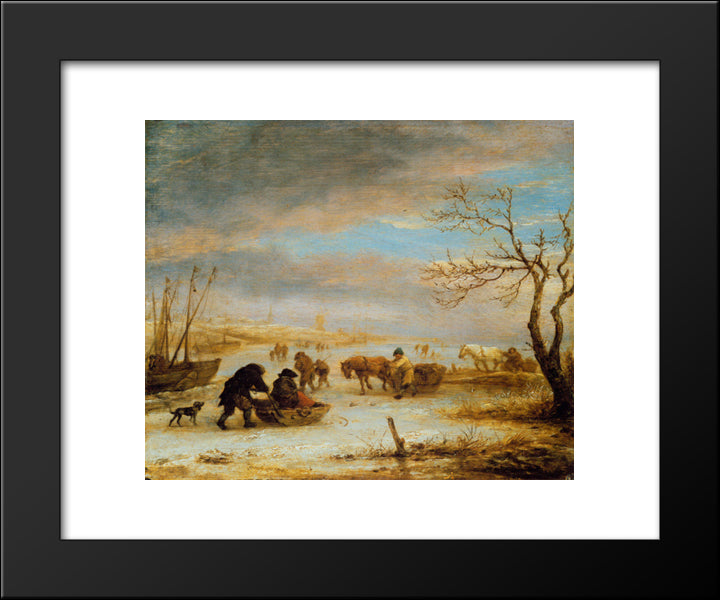 Frozen Ice Landscape With Carriages And Boats 20x24 Black Modern Wood Framed Art Print Poster by Ostade, Isaac van