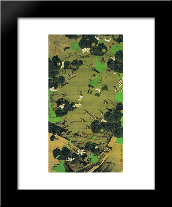 Insects By Pond Side 20x24 Black Modern Wood Framed Art Print Poster by Jakuchu, Ito
